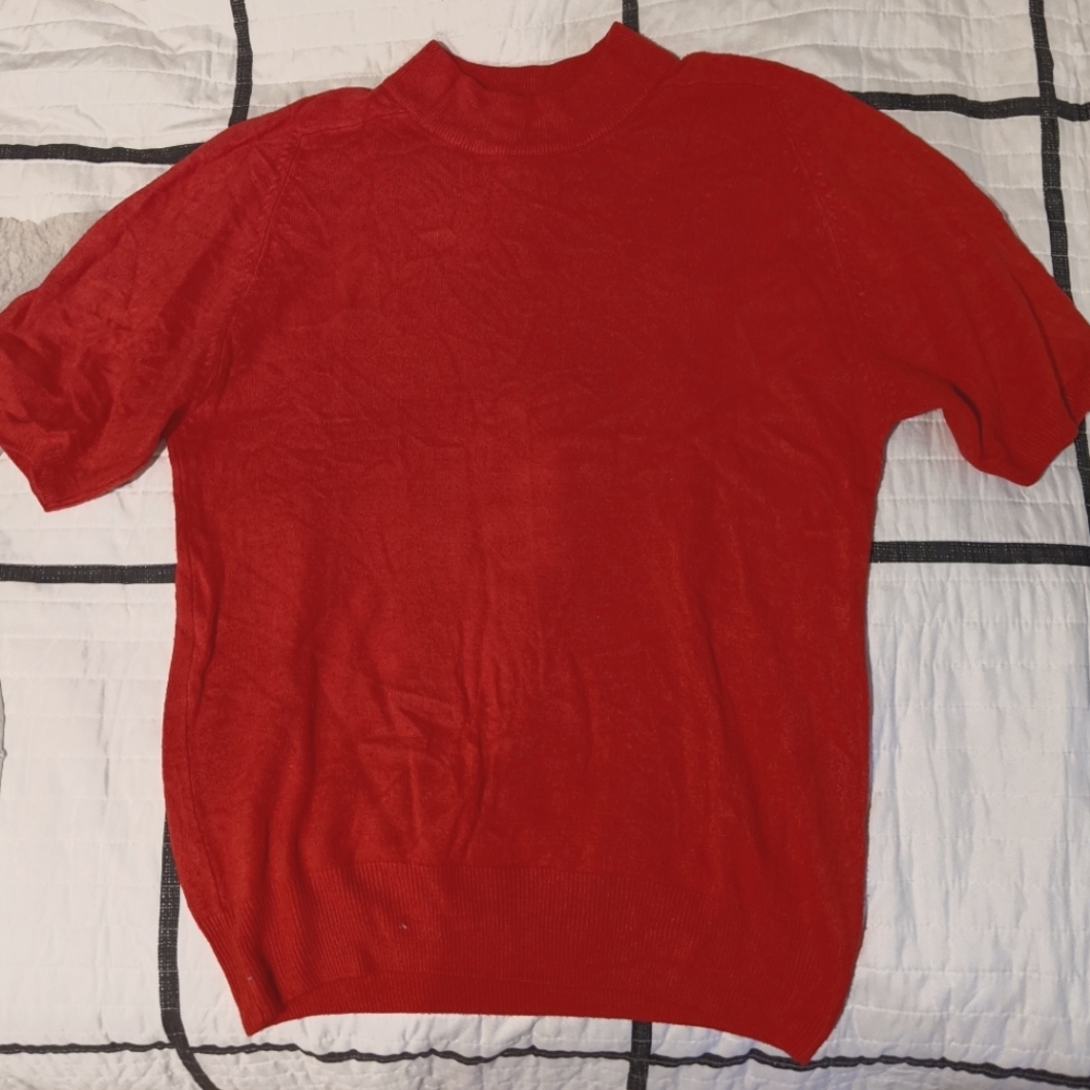 Red, Mock Neck, Knit Tee